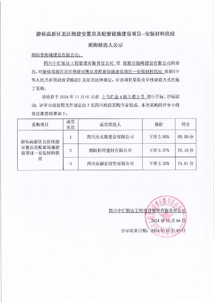 游仙高新区北区统建安置房及配套设施建设项目--安装材料供应采购侯选人公示