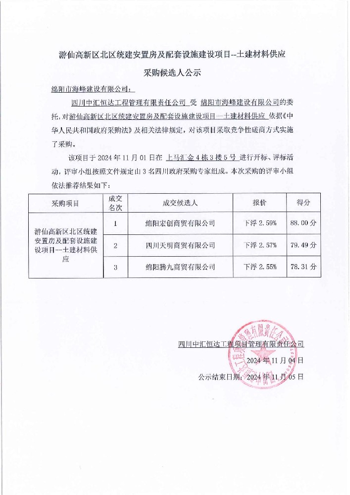 游仙高新区北区统建安置房及配套设施建设项目--土建材料供应采购侯选人公示